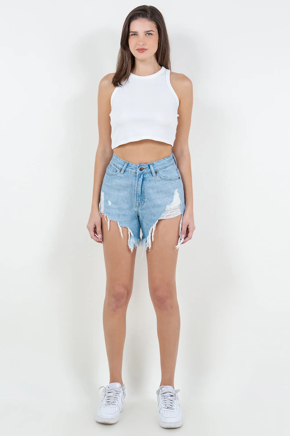 High Waist Fringed Hem Women Denim Shorts