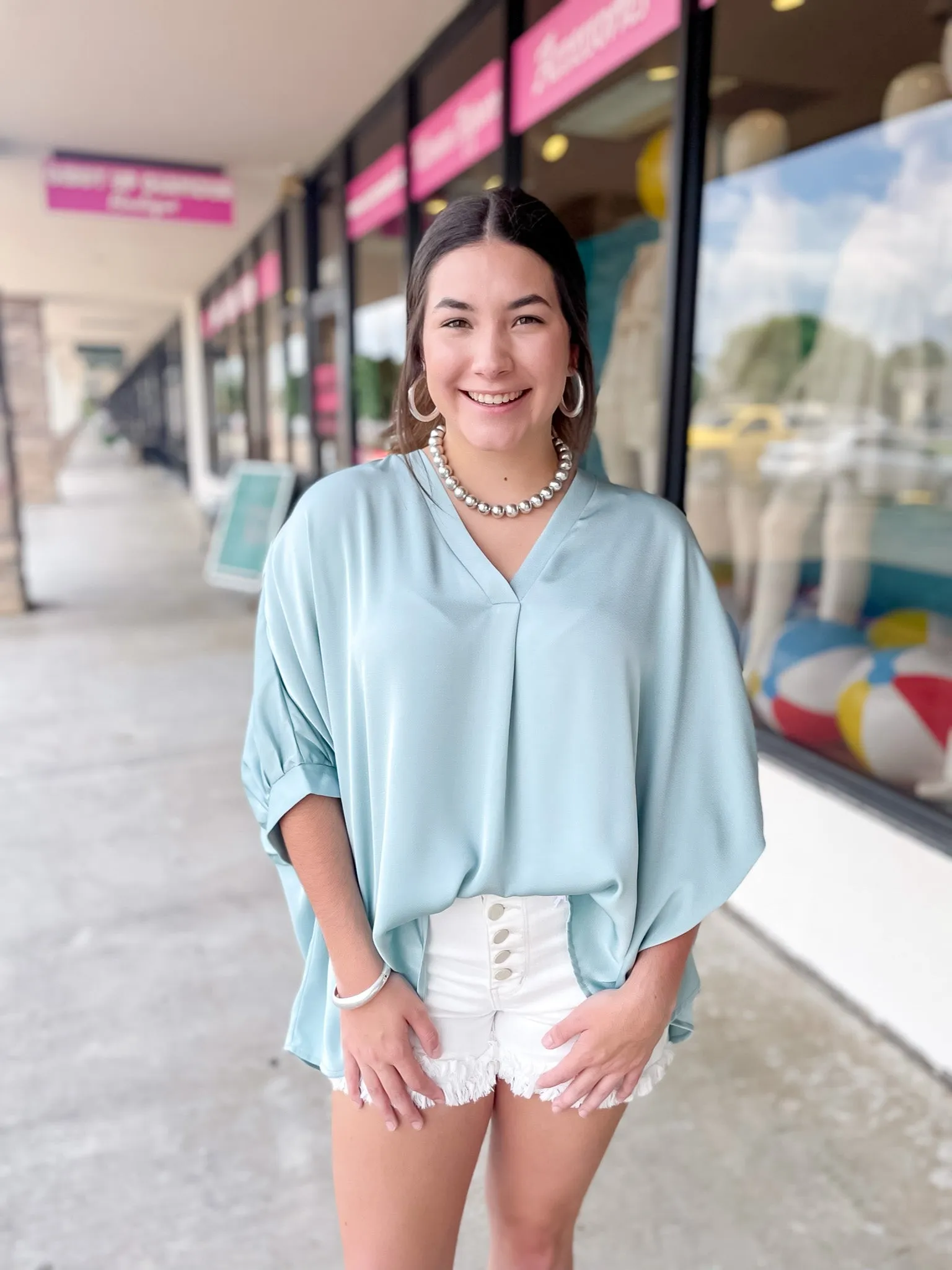 Irresistibly Chic Half Sleeve Oversized Blouse in Mint Blue