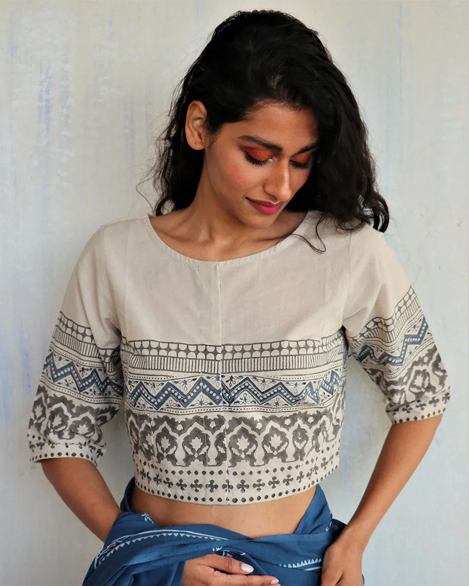 Ivory Block Printed Crop Top Cotton Blouse-Butterflygirls