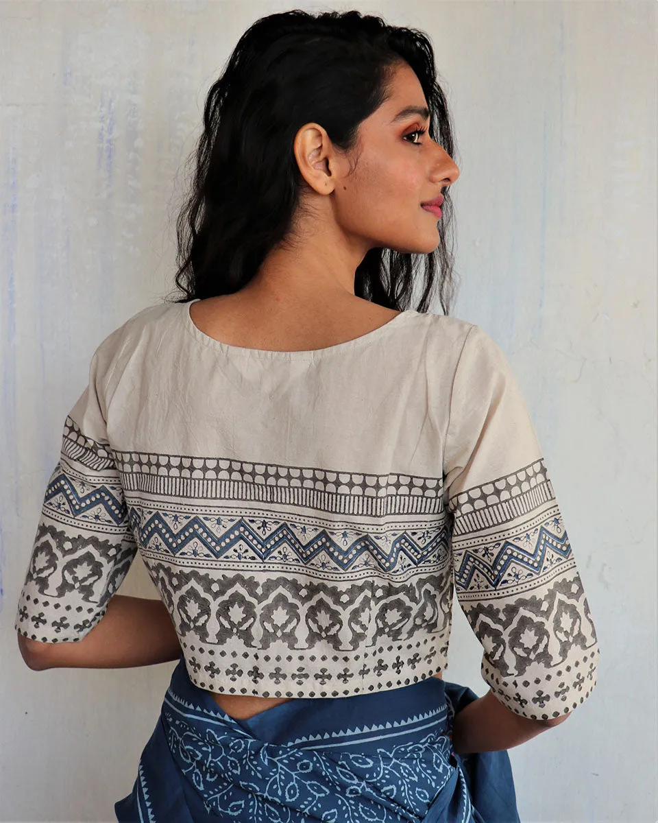 Ivory Block Printed Crop Top Cotton Blouse-Butterflygirls