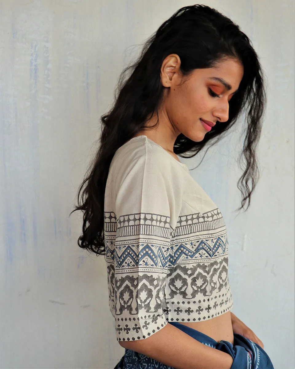 Ivory Block Printed Crop Top Cotton Blouse-Butterflygirls