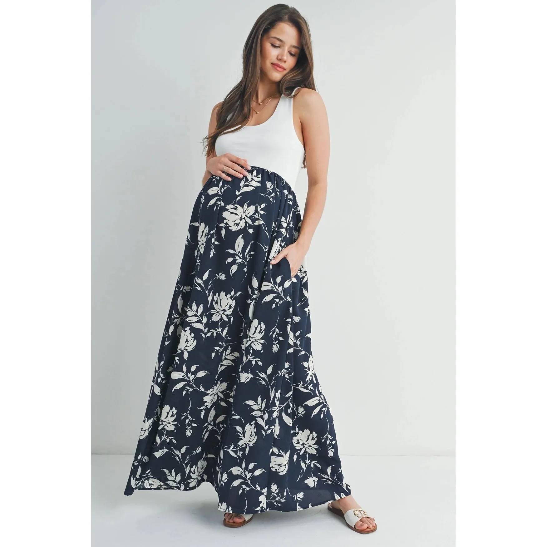 Ivory/Navy Floral Colorblock Racerback Maternity Maxi Dress