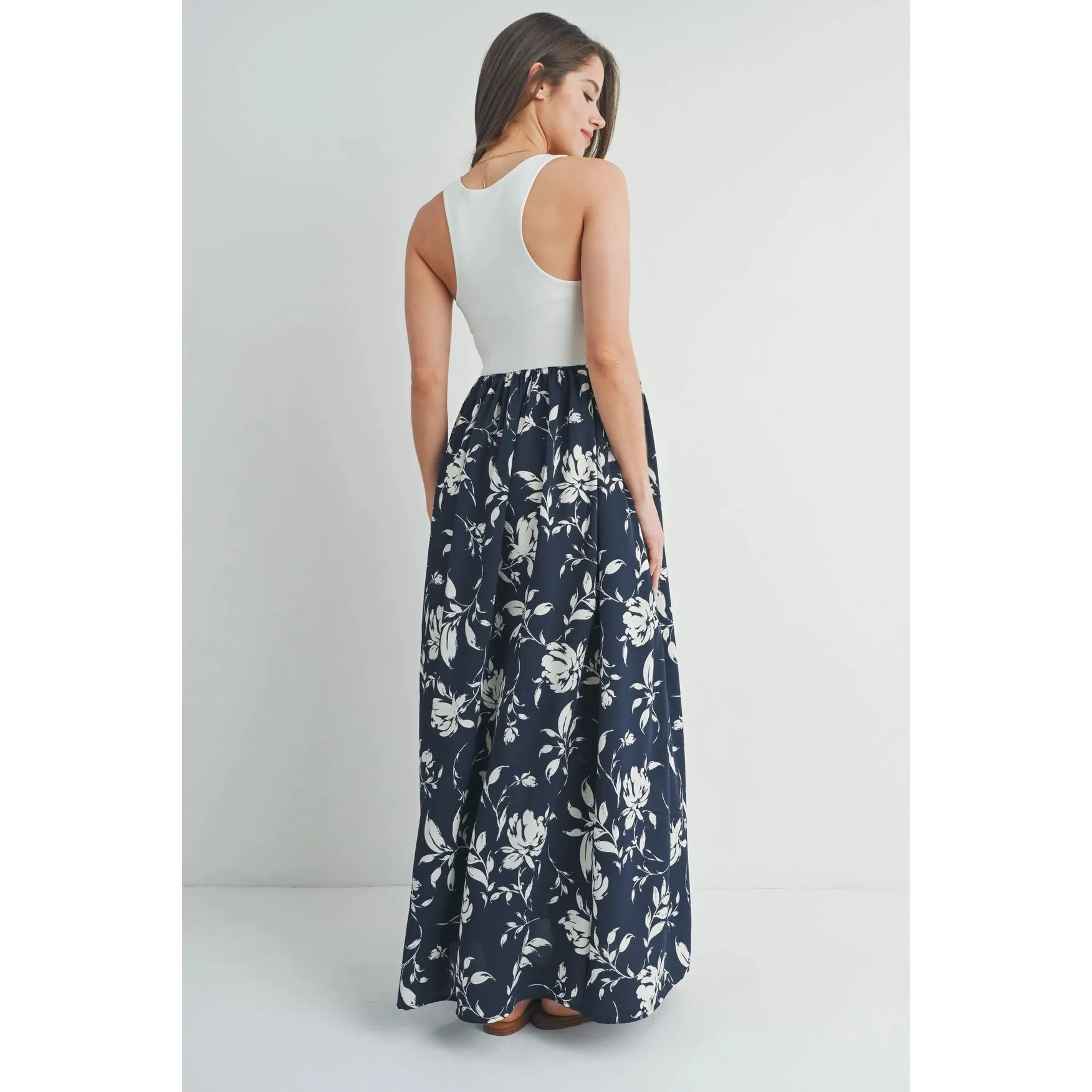 Ivory/Navy Floral Colorblock Racerback Maternity Maxi Dress