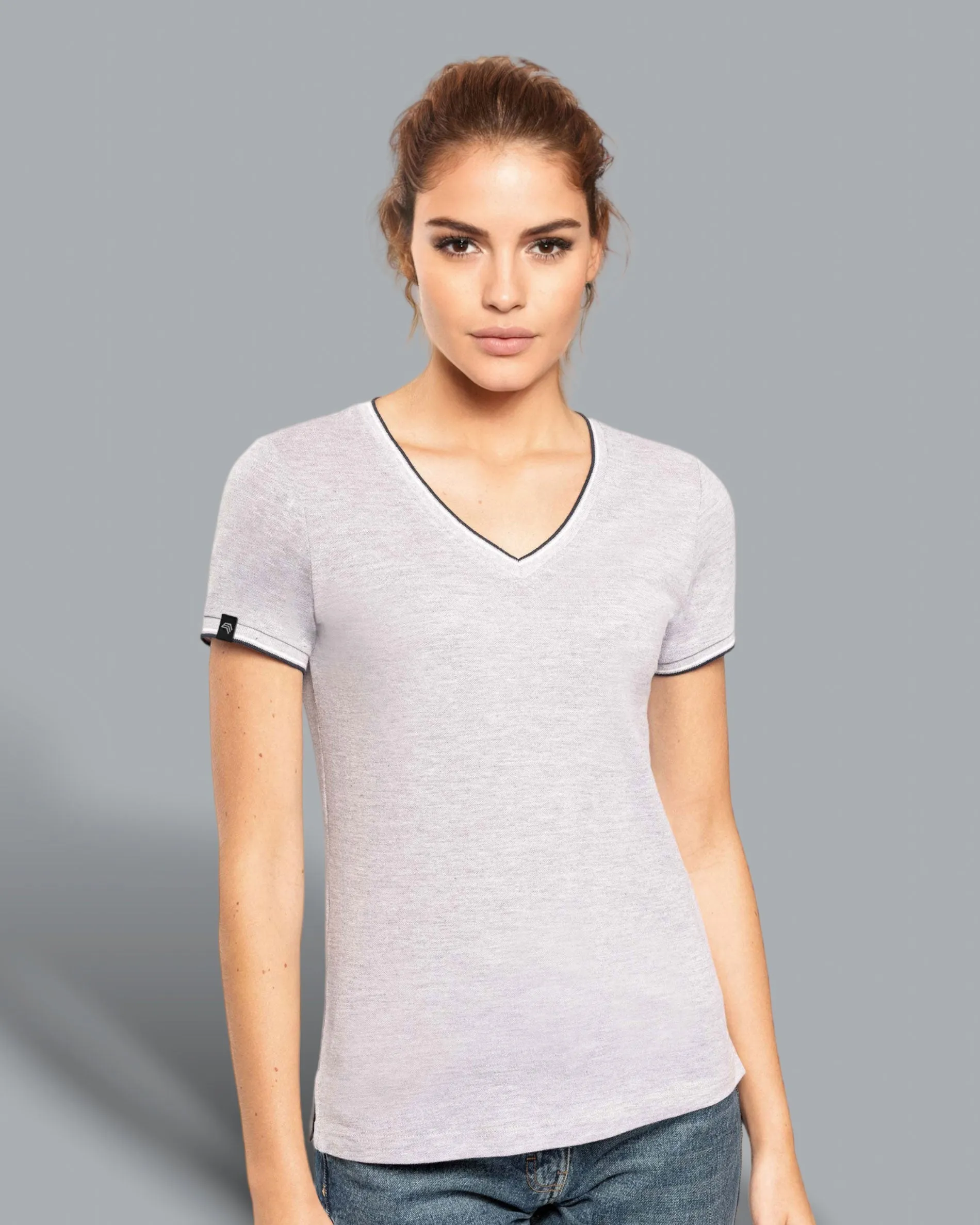 KRB K394 ― Damen Piqué-Trikot V-Neck T-Shirt - Schwarz / Grau / Weiß