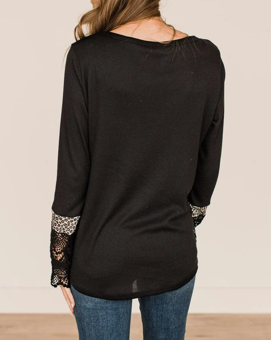 Leopard Lace Patchwork Henley Top