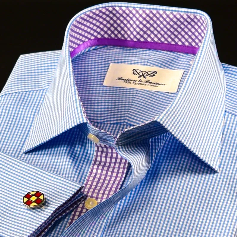 Light Blue Mini Checks Formal Business Dress Shirt Double Cuffs WIth Inner Lining Designed