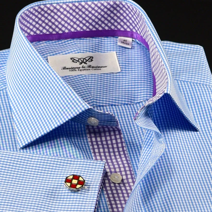 Light Blue Mini Checks Formal Business Dress Shirt Double Cuffs WIth Inner Lining Designed