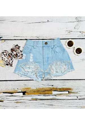 Light wash distressed denim shorts w/rhinestone tassels