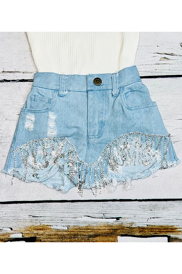 Light wash distressed denim shorts w/rhinestone tassels