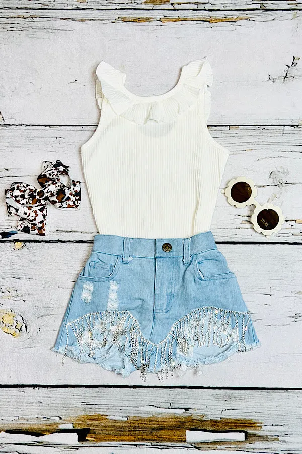 Light wash distressed denim shorts w/rhinestone tassels