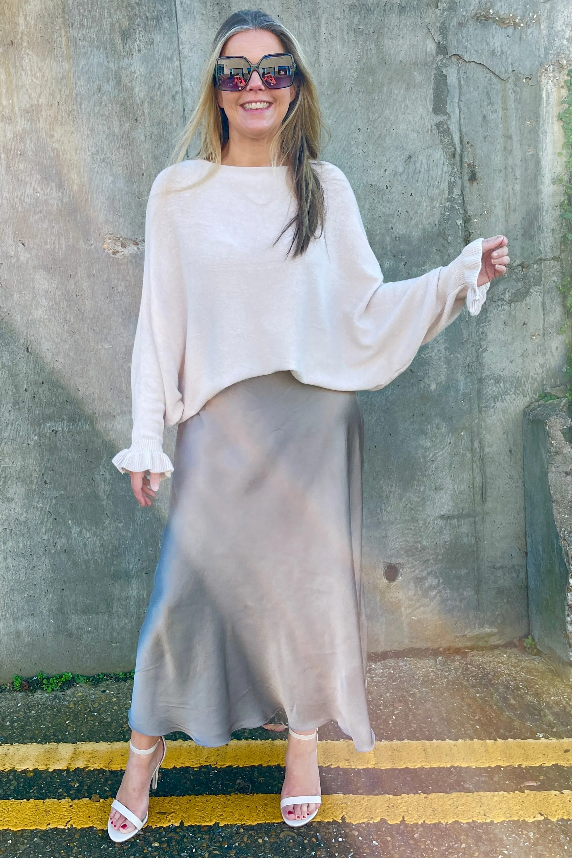 Linda Soft Knit Frill Sleeve Batwing Jumper | Oatmeal