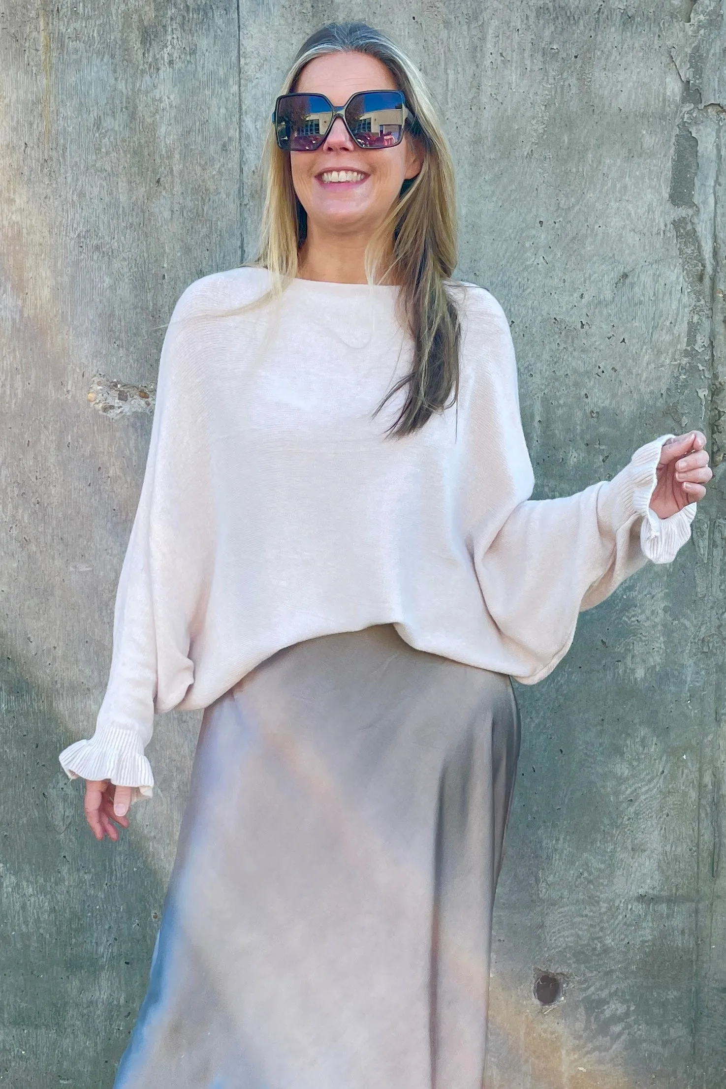 Linda Soft Knit Frill Sleeve Batwing Jumper | Oatmeal