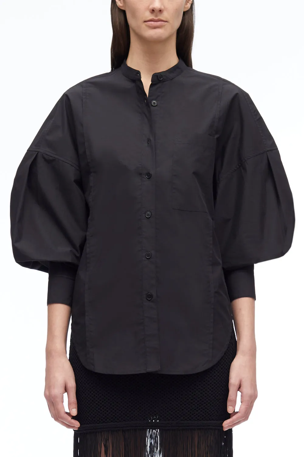 Long Sleeve Band Collar Poplin Shirt