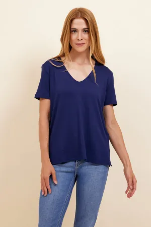 Majestic Soft Touch Semi Relaxed V-Neck Tee in Saphir