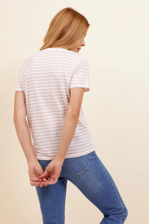 Majestic Stretch Linen Stripe Semi Relaxed Short Sleeve Crewneck in Chamallow