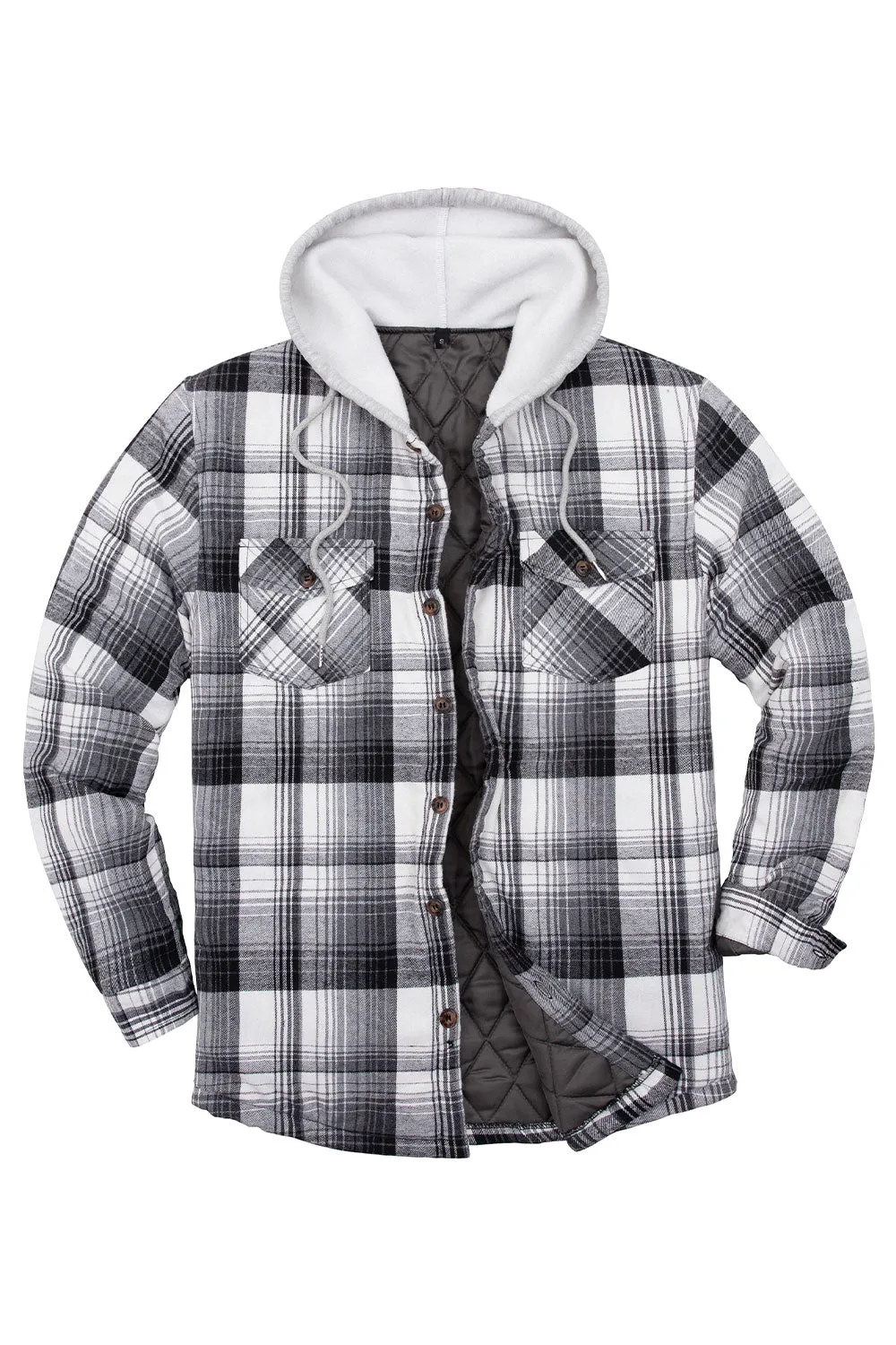 Men's Quilted Lined Button Down Plaid Flannel Shirt Jacket with Hood