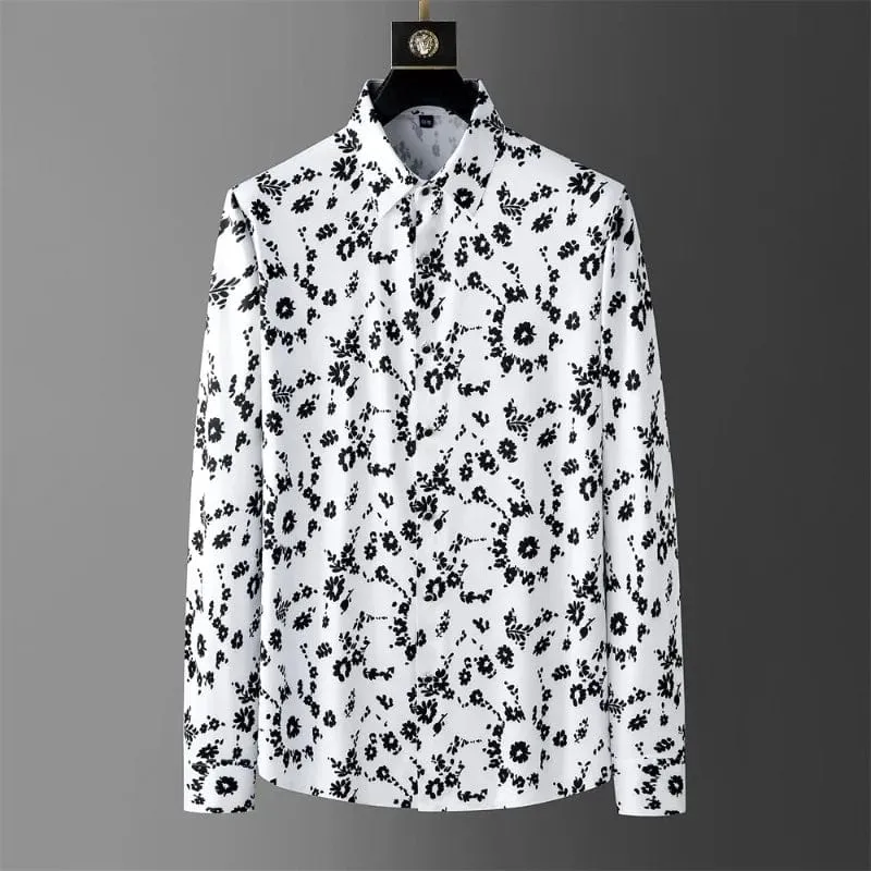 Men's Slim Fit Flower Print Long-Sleeve Dress Shirt - Casual Business & Social Party Attire