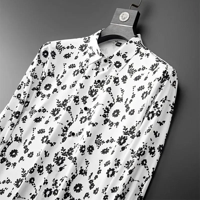 Men's Slim Fit Flower Print Long-Sleeve Dress Shirt - Casual Business & Social Party Attire