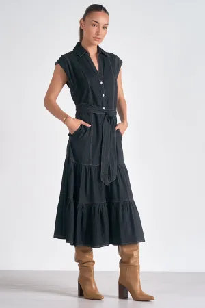 Midi Cap Sleeve Belted Dress