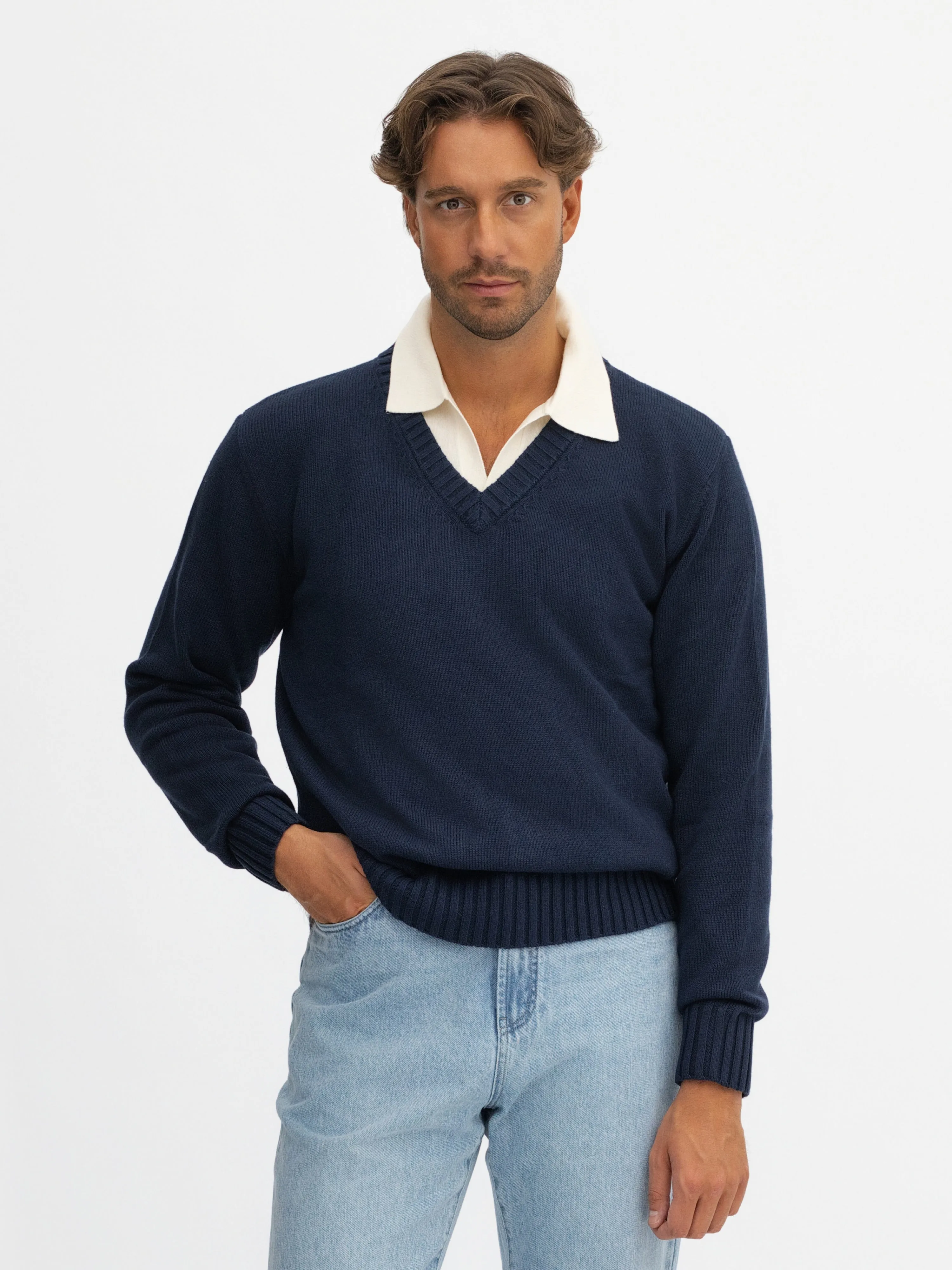 Navy Cotton Silk V-Neck Jersey