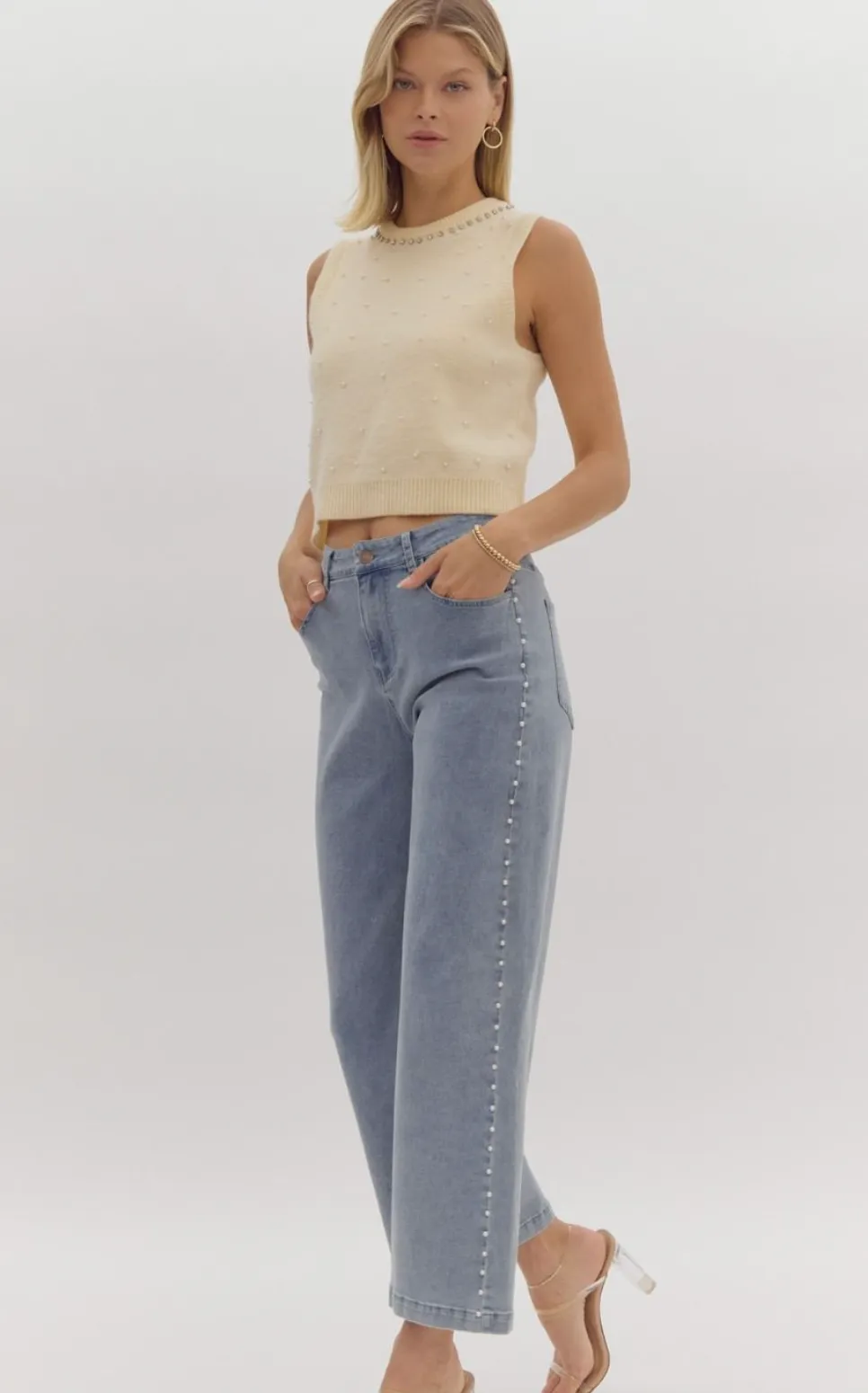 Pearl Detail High Waisted Denim Wide Leg Pants