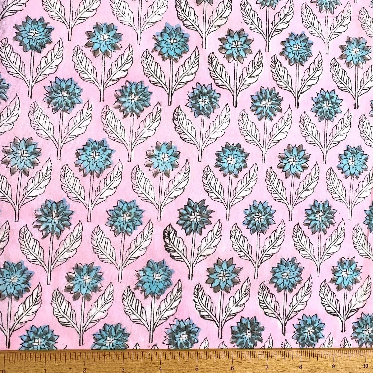 Pink / Blue Floral Cotton Voile Hand Block Print from India by the Yard #5056