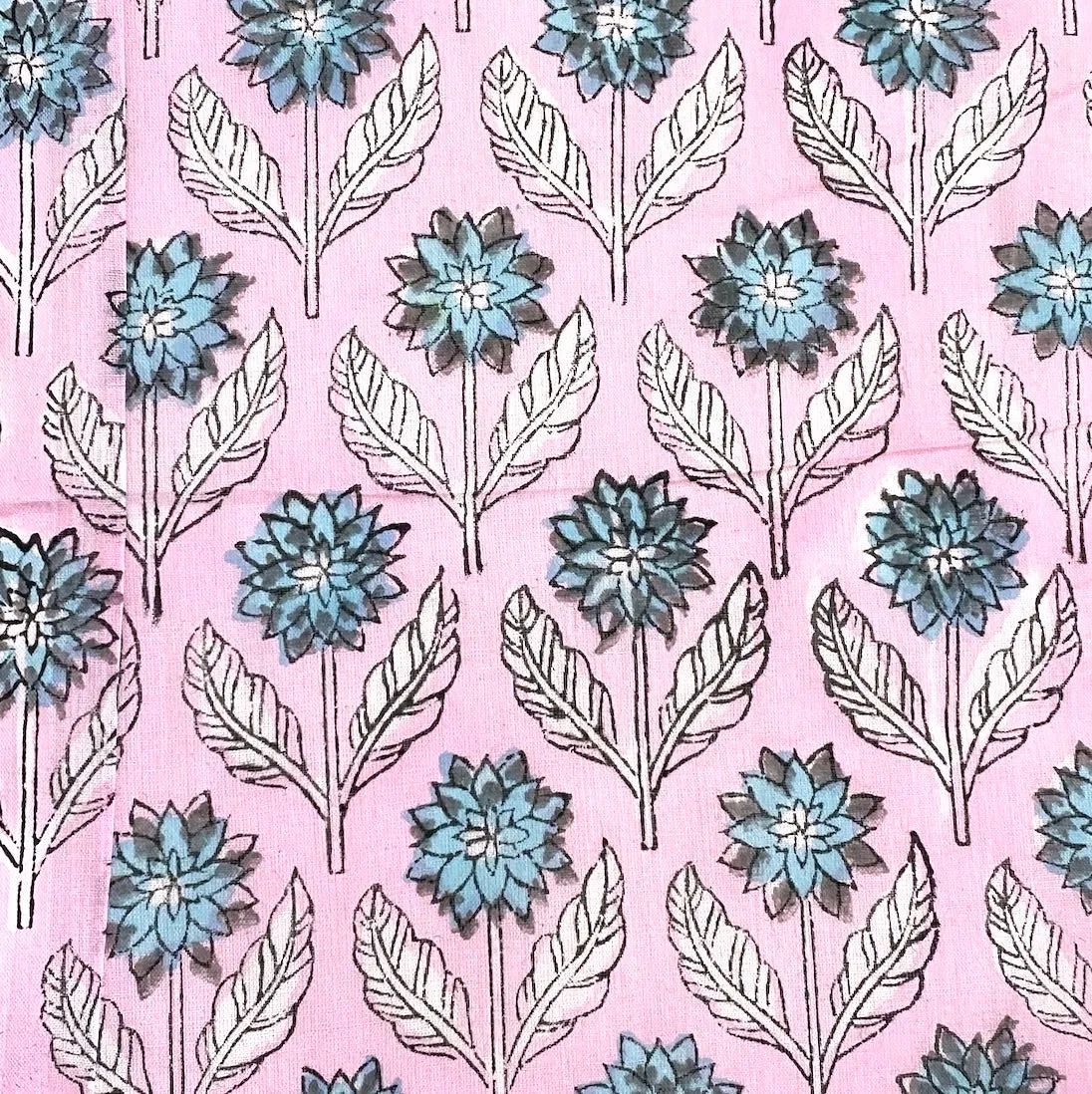 Pink / Blue Floral Cotton Voile Hand Block Print from India by the Yard #5056