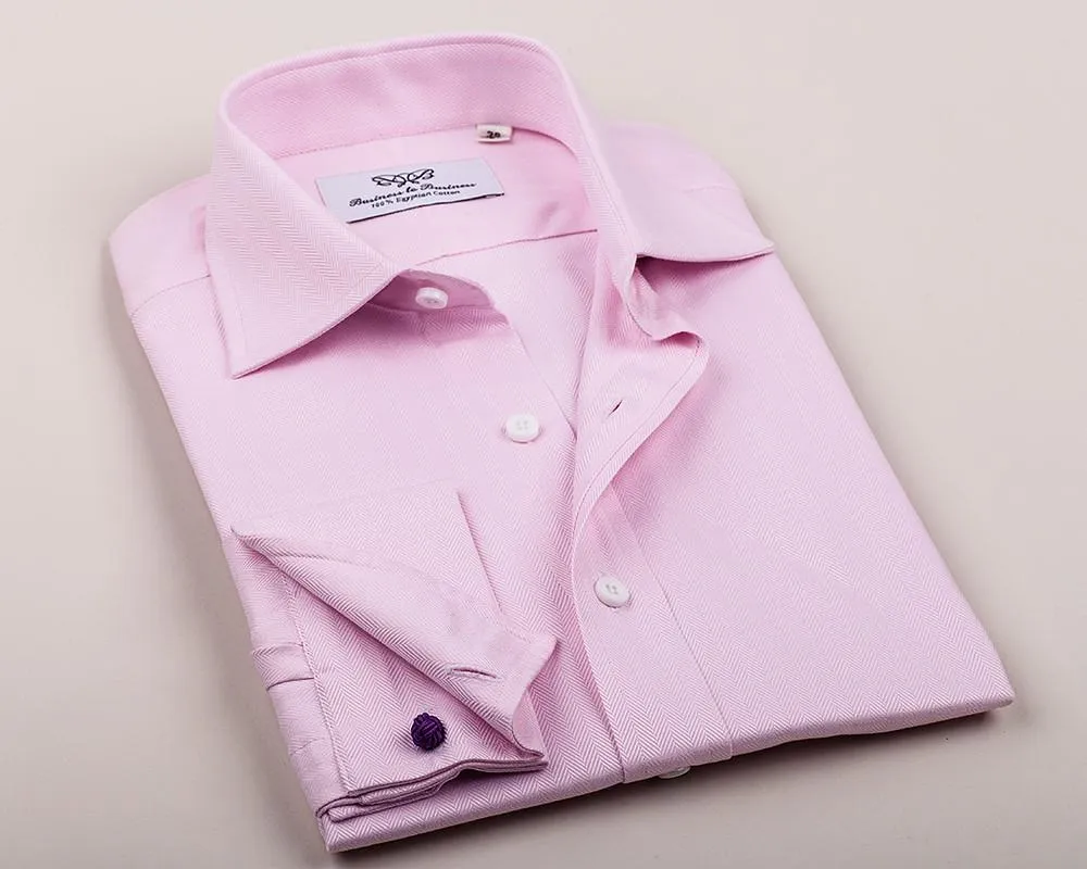 Pink Herringbone Twill Formal Business Dress Shirt in French Double Cuffs