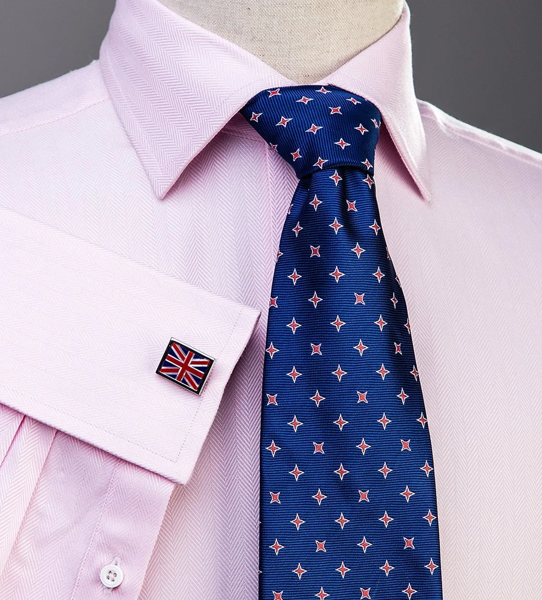 Pink Herringbone Twill Formal Business Dress Shirt in French Double Cuffs