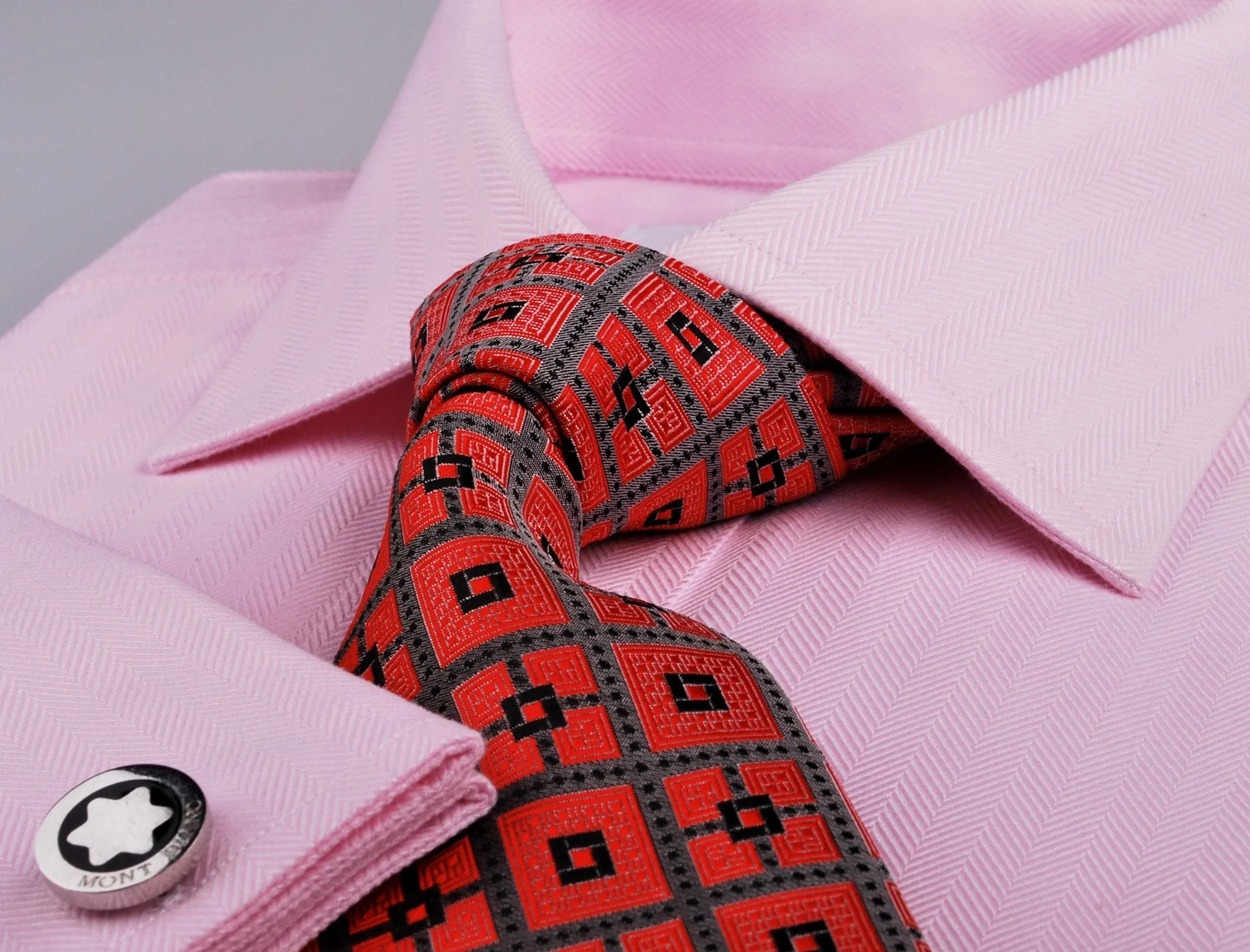 Pink Herringbone Twill Formal Business Dress Shirt in French Double Cuffs