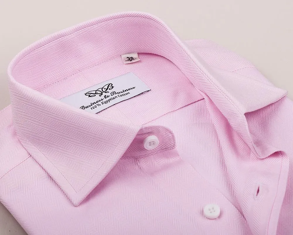 Pink Herringbone Twill Formal Business Dress Shirt in French Double Cuffs