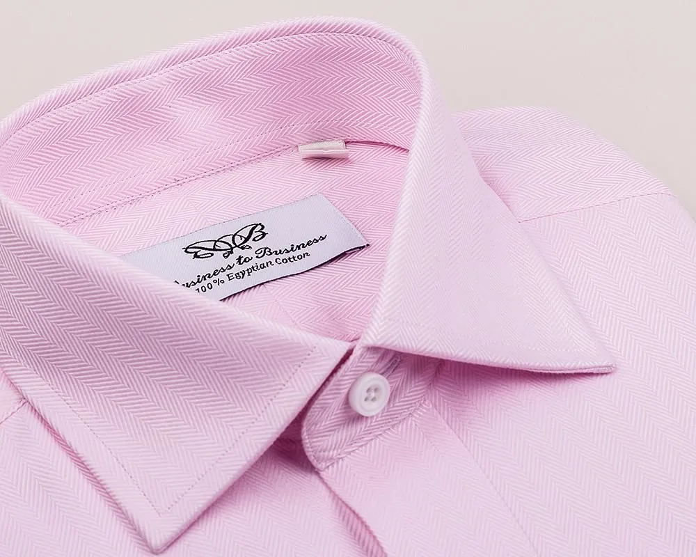 Pink Herringbone Twill Formal Business Dress Shirt in French Double Cuffs