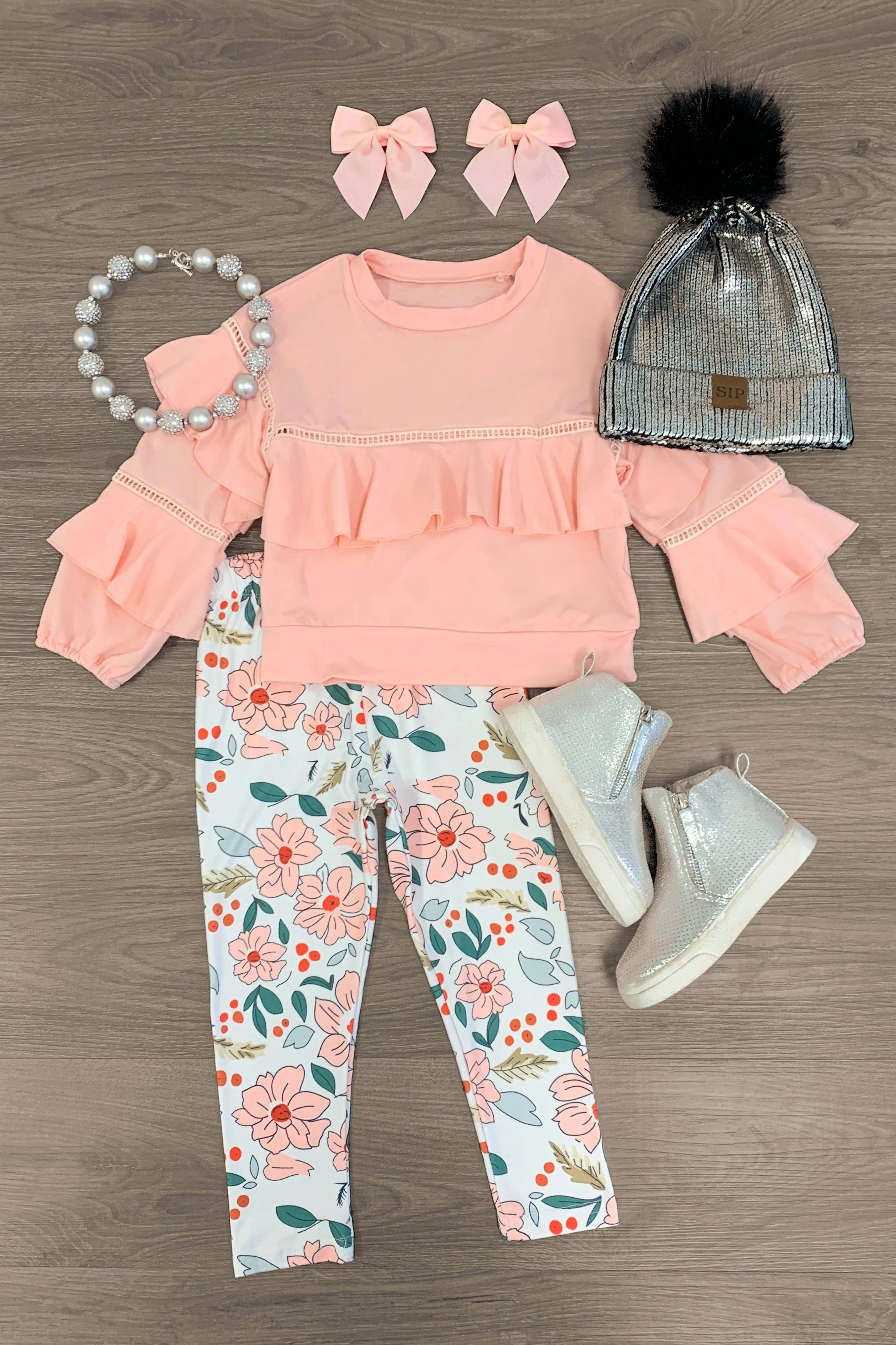 Pink Ruffle Floral Legging Set