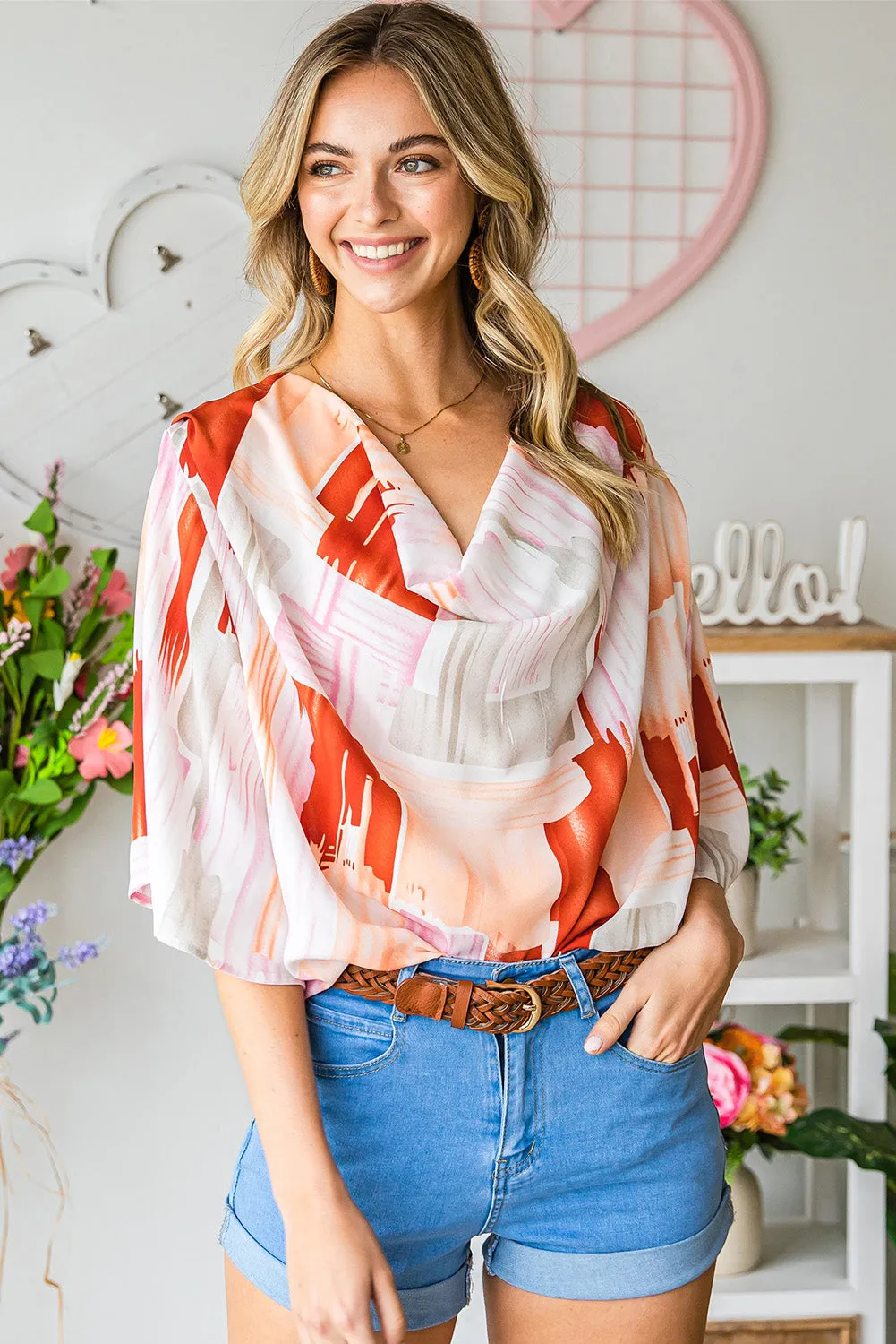 Printed Cowl Neck Half Sleeve Blouse