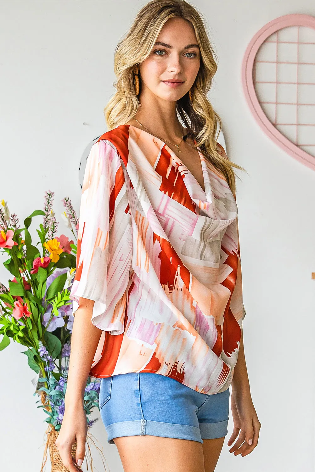 Printed Cowl Neck Half Sleeve Blouse