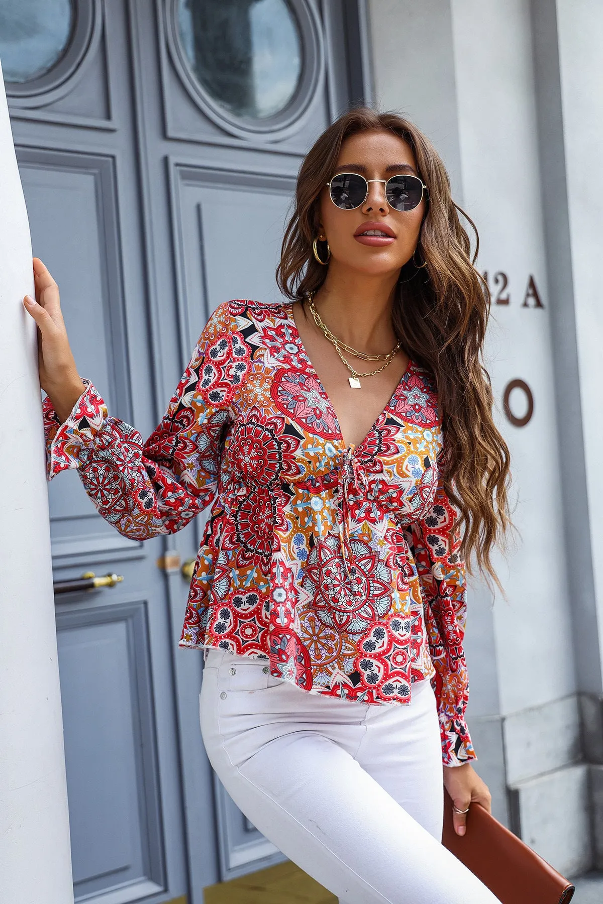 Printed Deep V Flounce Sleeve Blouse