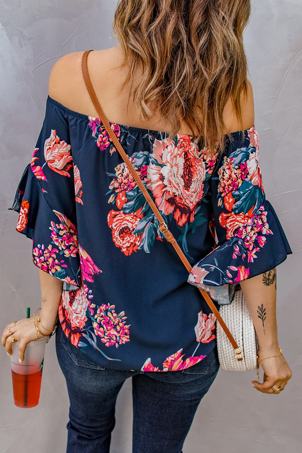 Printed Off-Shoulder Flounce Sleeve Top