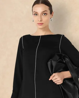 Rareism Women Pidet Black Satin Cuffed Sleeves Boat Neck Button Closure Plain Top