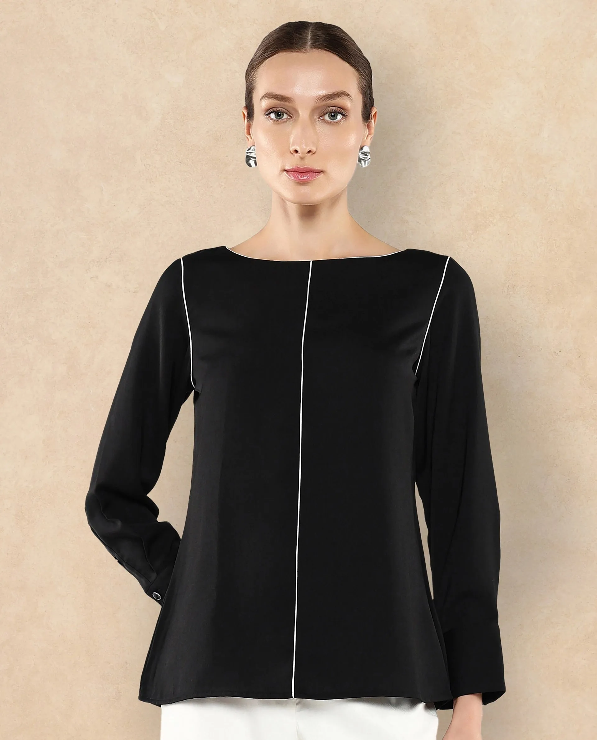 Rareism Women Pidet Black Satin Cuffed Sleeves Boat Neck Button Closure Plain Top