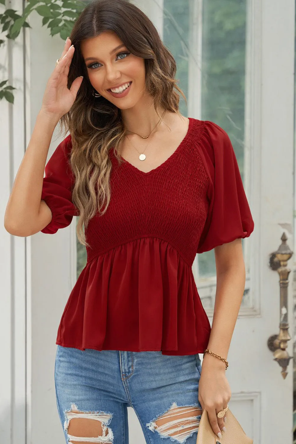 Smocked Balloon Sleeve Peplum Blouse