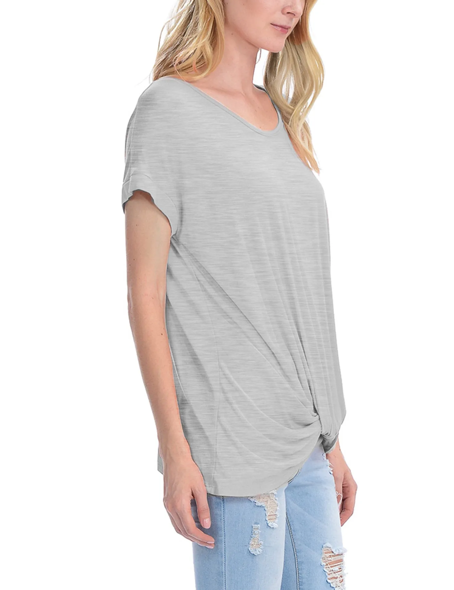 Solid Basic Boatneck Dolman Top with Knot on Hemline