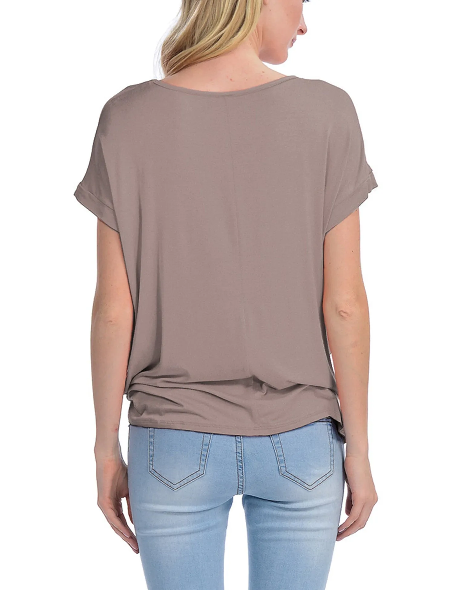 Solid Basic Boatneck Dolman Top with Knot on Hemline