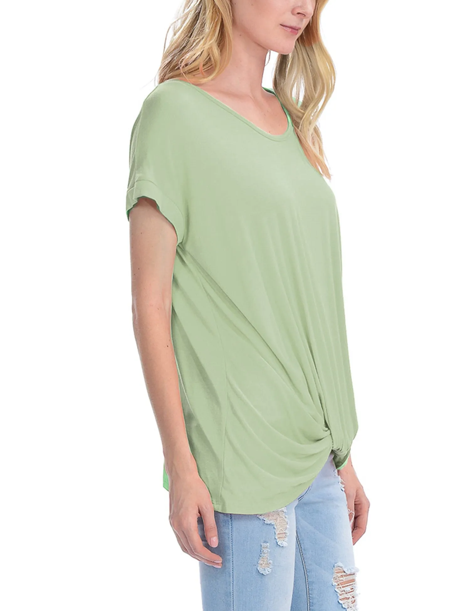 Solid Basic Boatneck Dolman Top with Knot on Hemline