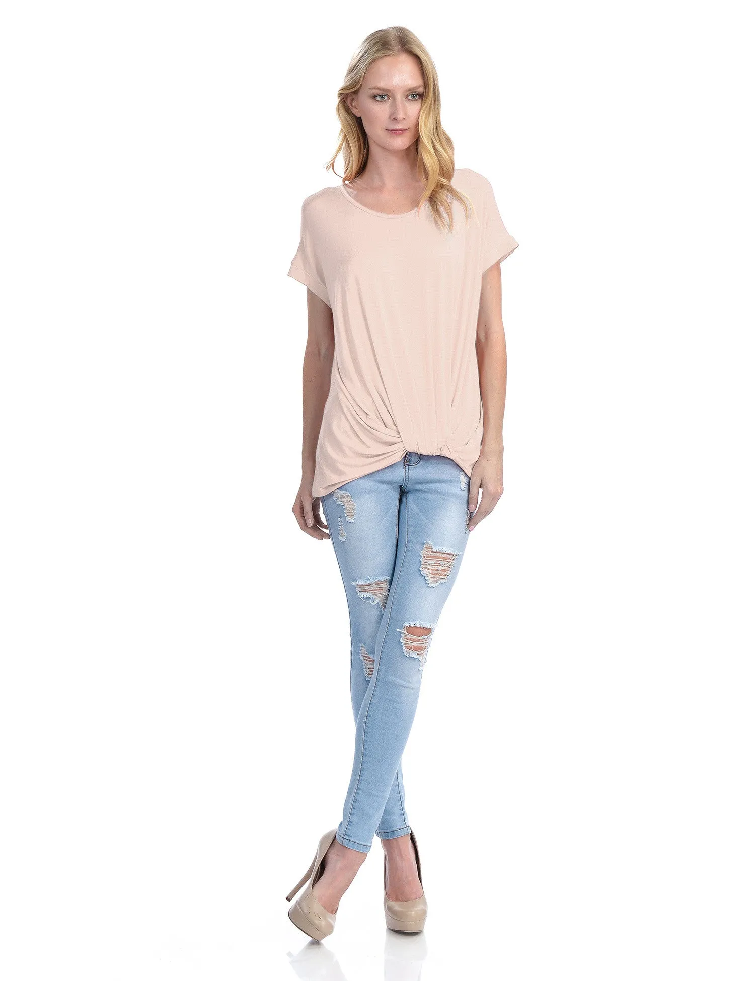 Solid Basic Boatneck Dolman Top with Knot on Hemline