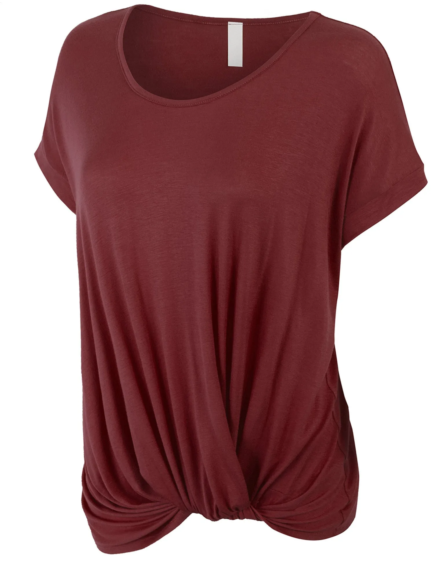 Solid Basic Boatneck Dolman Top with Knot on Hemline