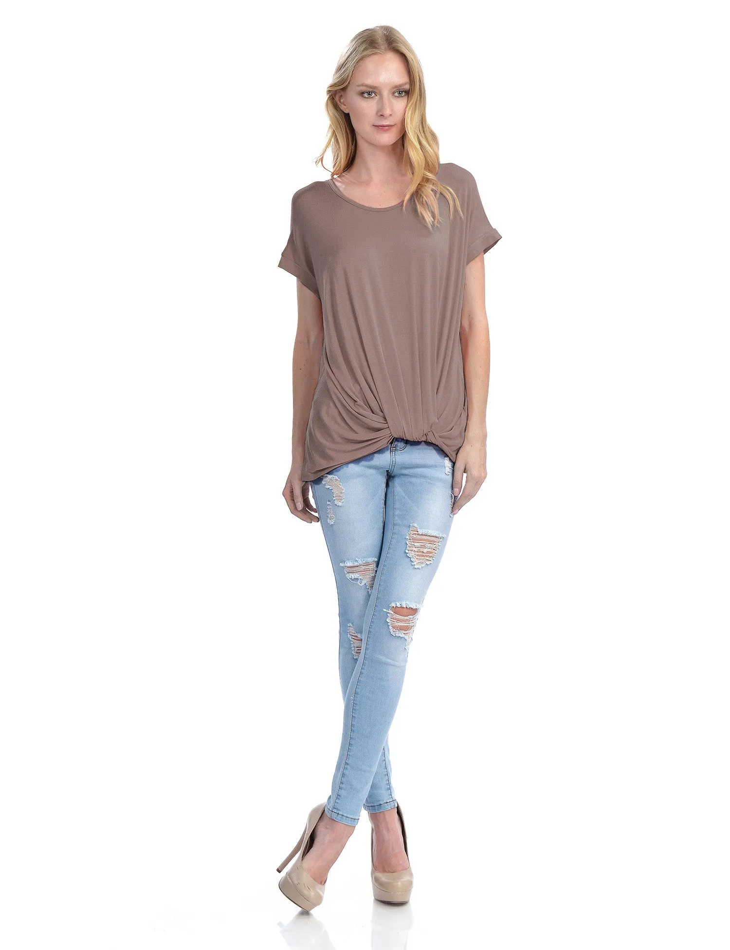 Solid Basic Boatneck Dolman Top with Knot on Hemline