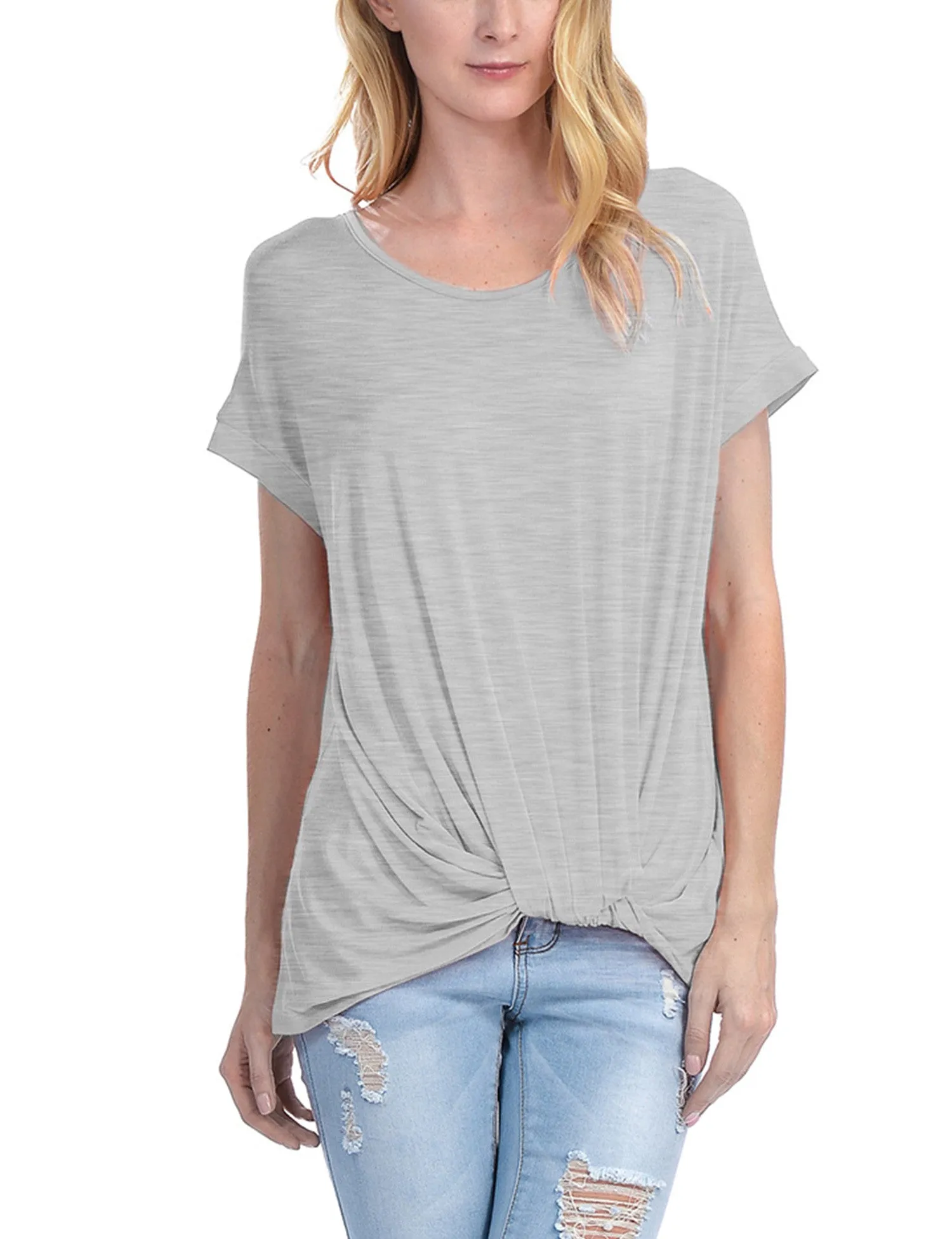 Solid Basic Boatneck Dolman Top with Knot on Hemline