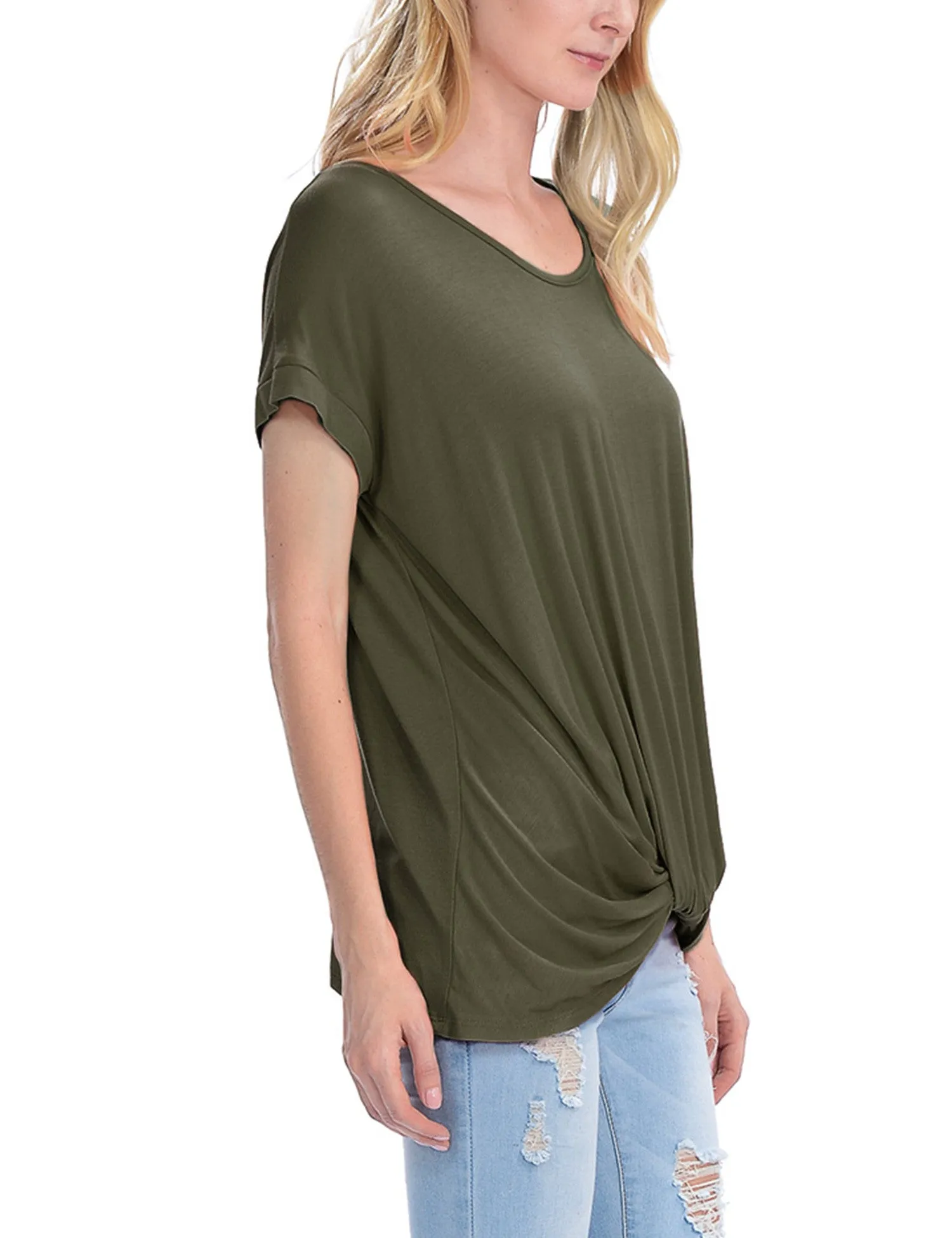 Solid Basic Boatneck Dolman Top with Knot on Hemline