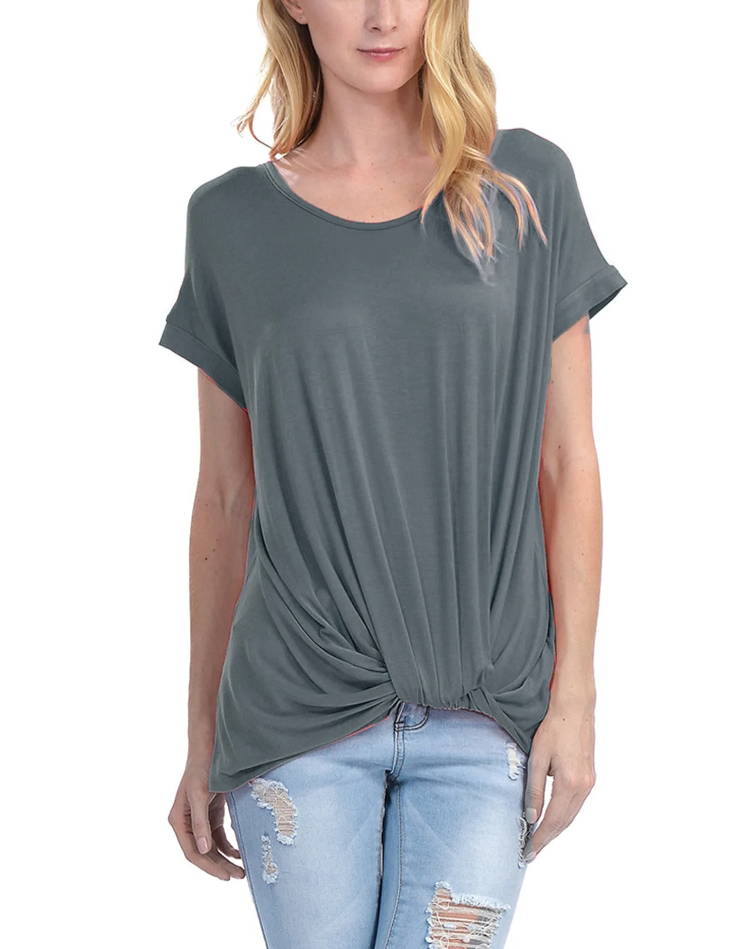 Solid Basic Boatneck Dolman Top with Knot on Hemline