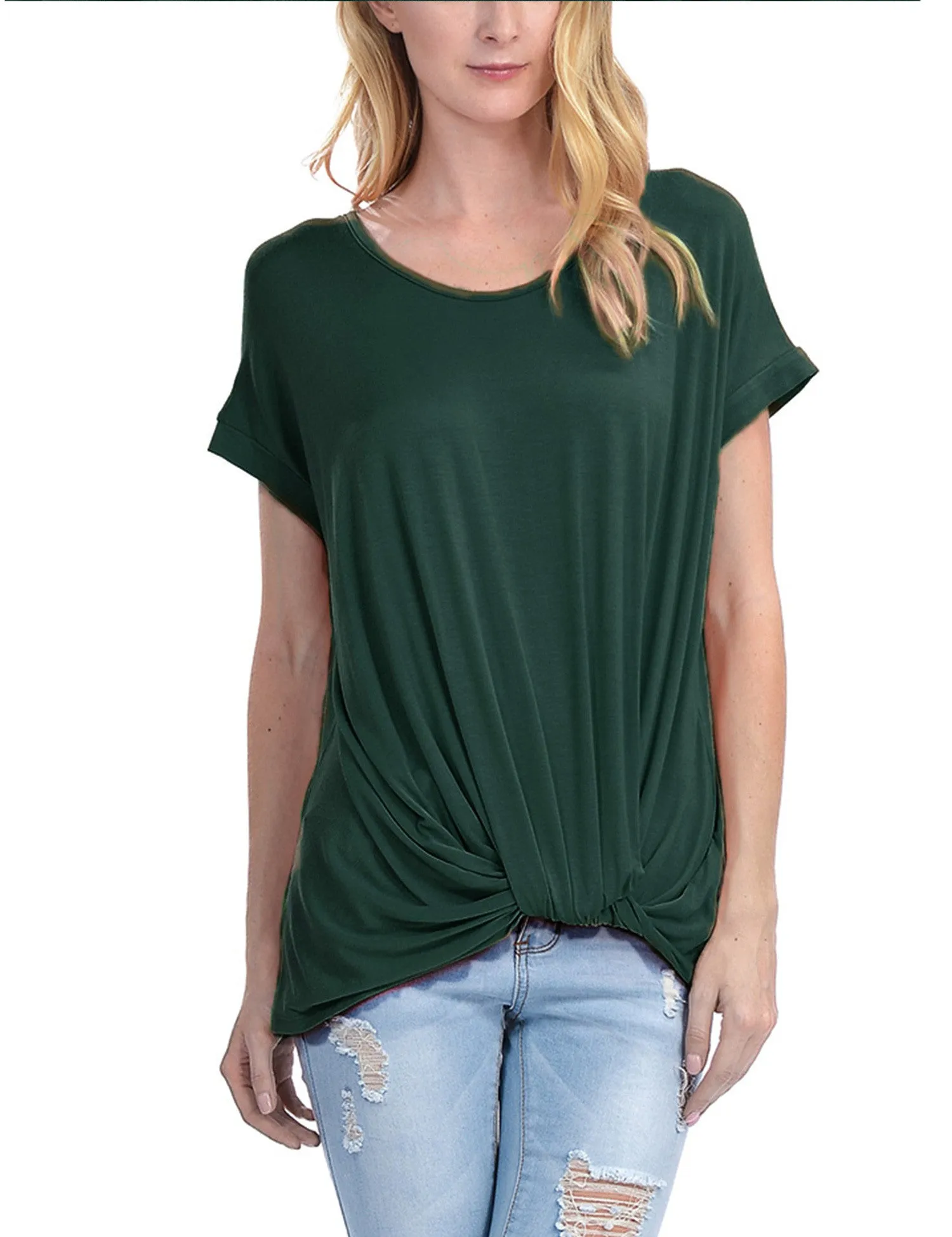 Solid Basic Boatneck Dolman Top with Knot on Hemline